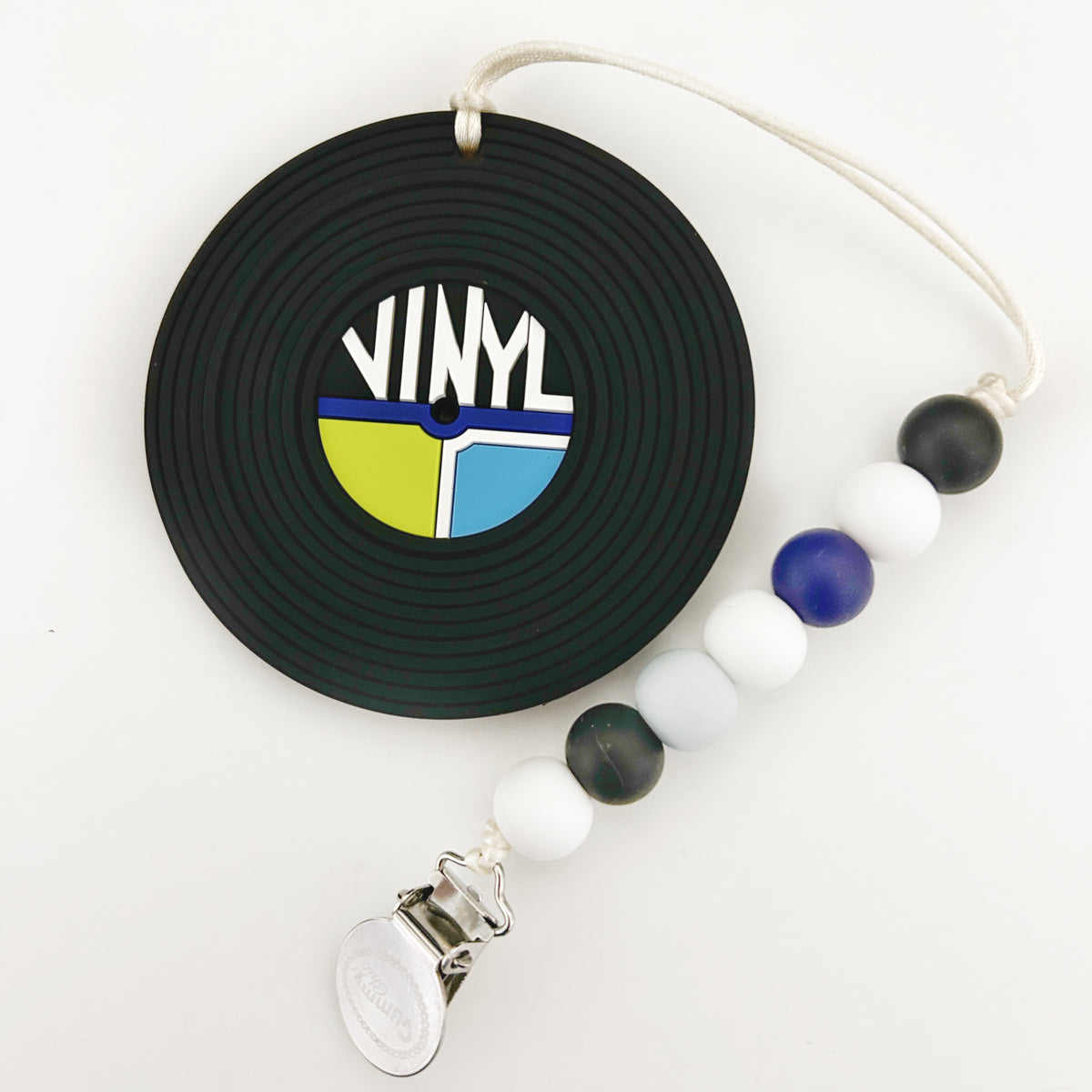 Vinyl record silicone baby teether with clip and colorful beads for sensory needs.