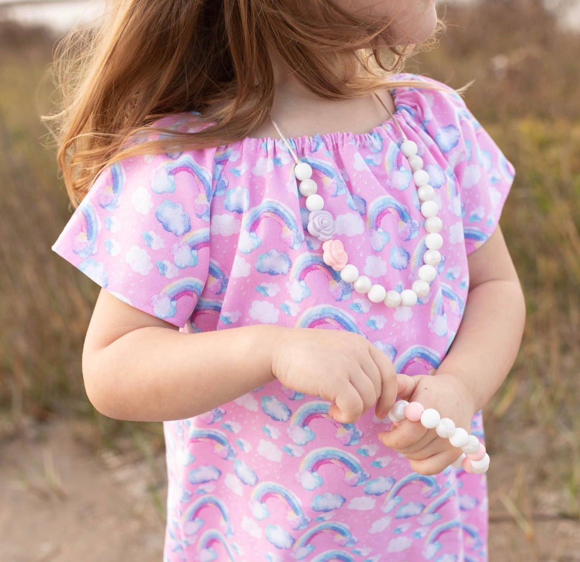Pink & White Silicone Sensory Necklace for Kids | Mouse-Inspired Chew Necklace & Fidget Jewelry