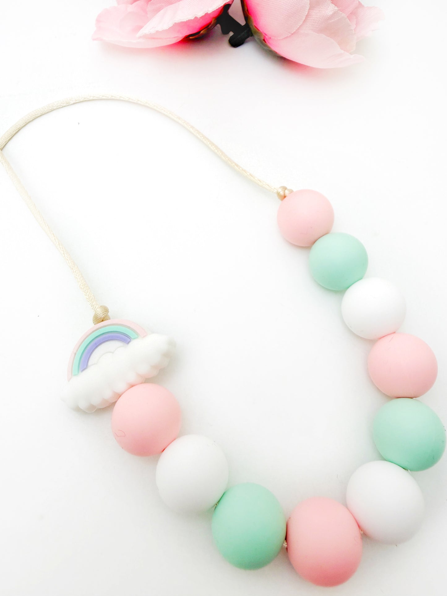 Mint & Pink Silicone Sensory Chew Necklace with Rainbow Bead