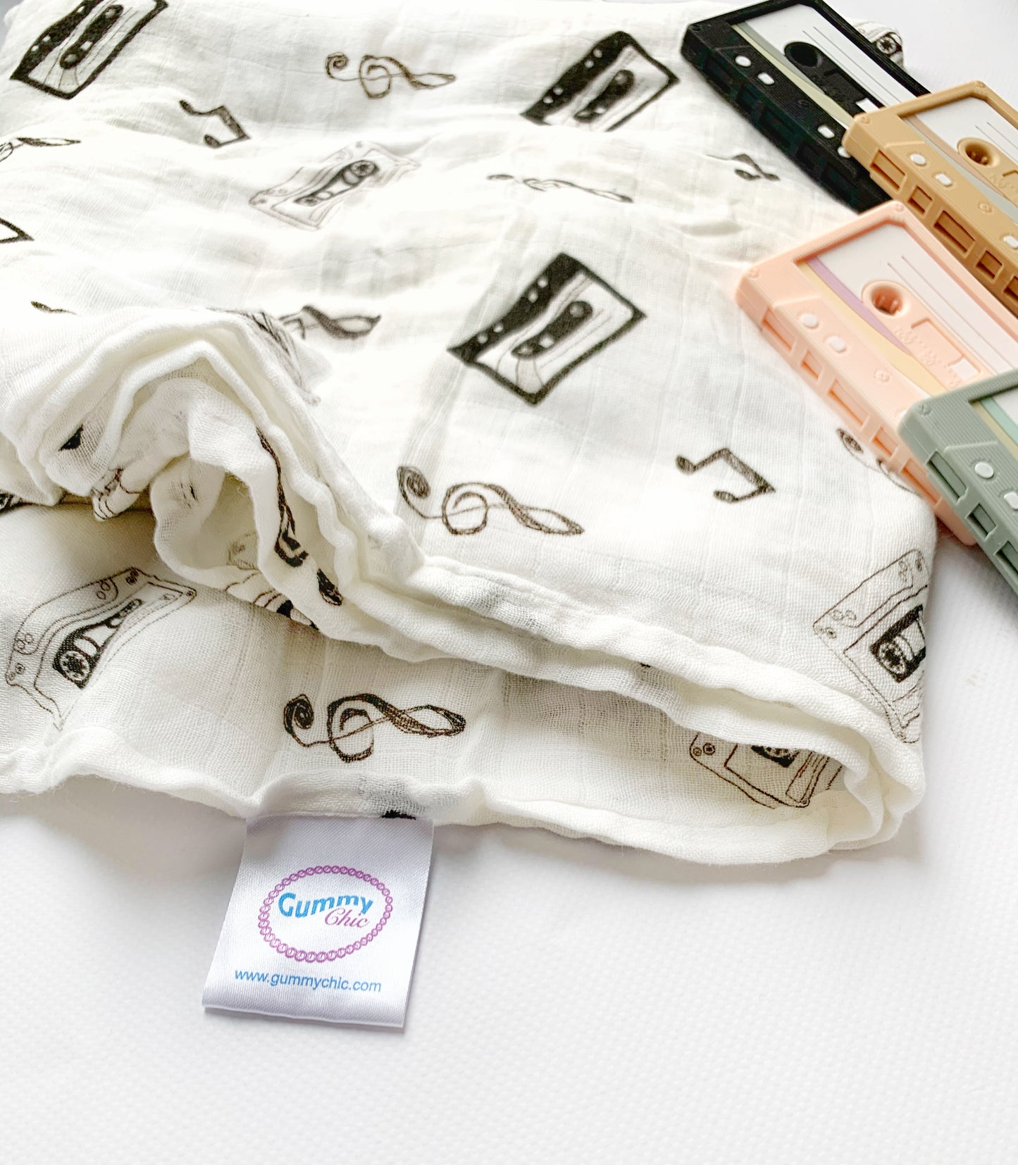 music theme black and white baby blanket with mix tape teething toys