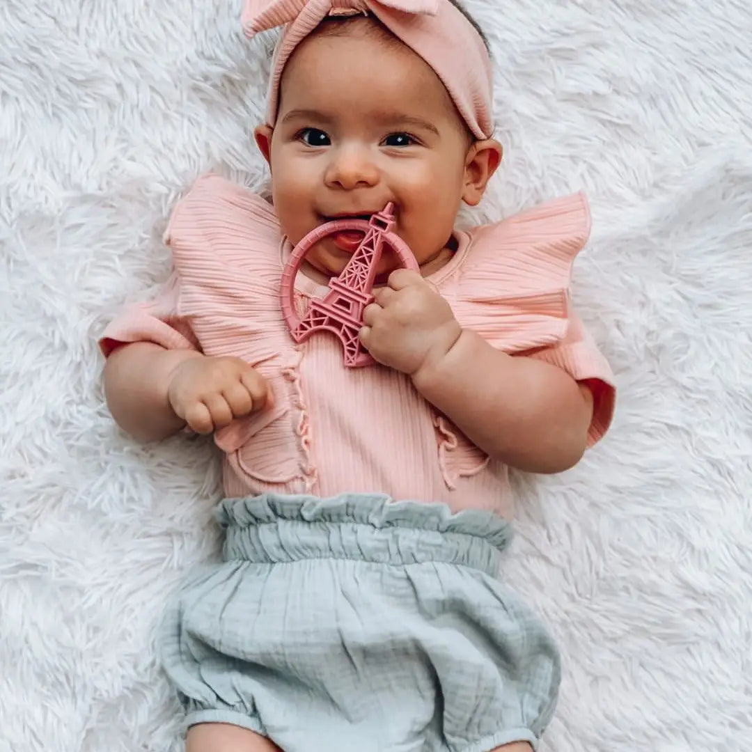 Vintage-inspired Paris Silicone Teething Toy with Dual Textures for Soothing Relief