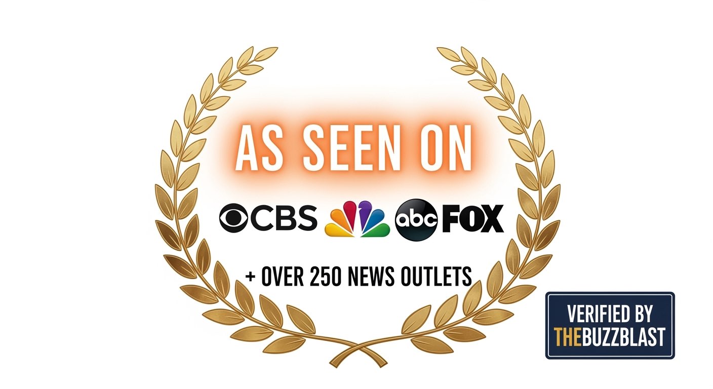 Logo with 'As Seen On' text and multiple news outlet logos on a white background
