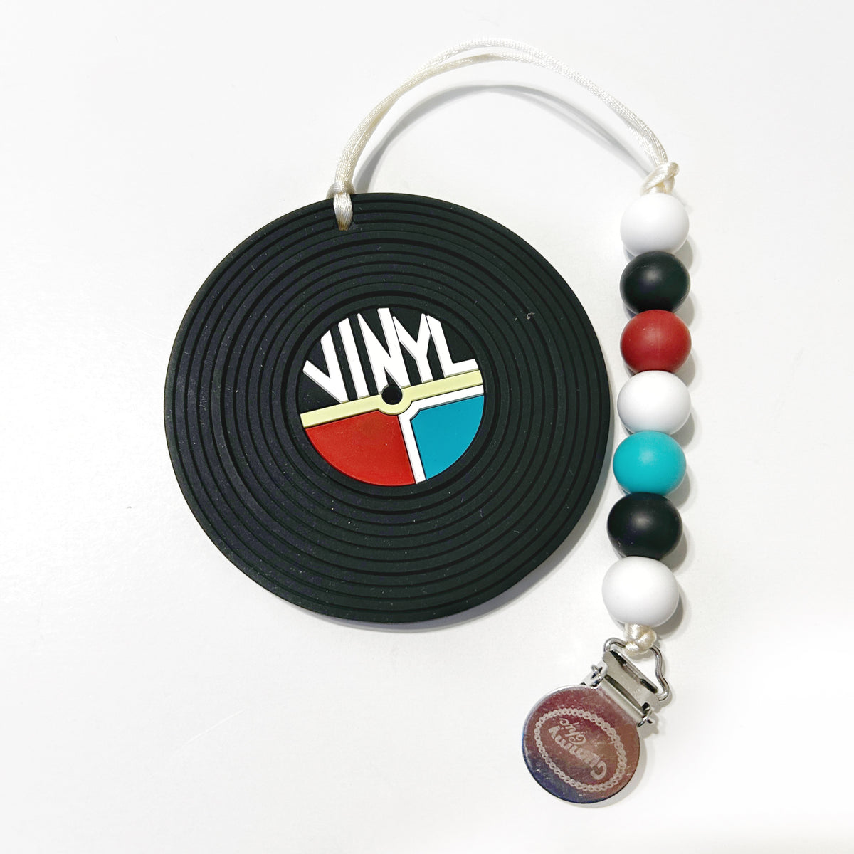 Vinyl record silicone baby teether with clip, designed for safety and comfort, perfect for teething.