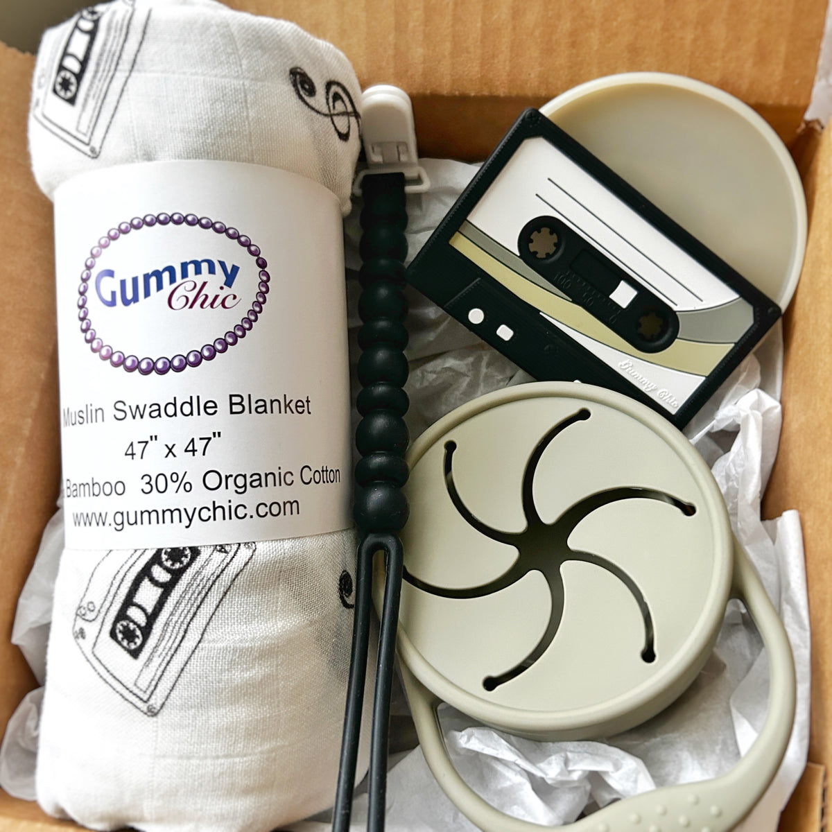 black and white blanket mix tape teether gift set