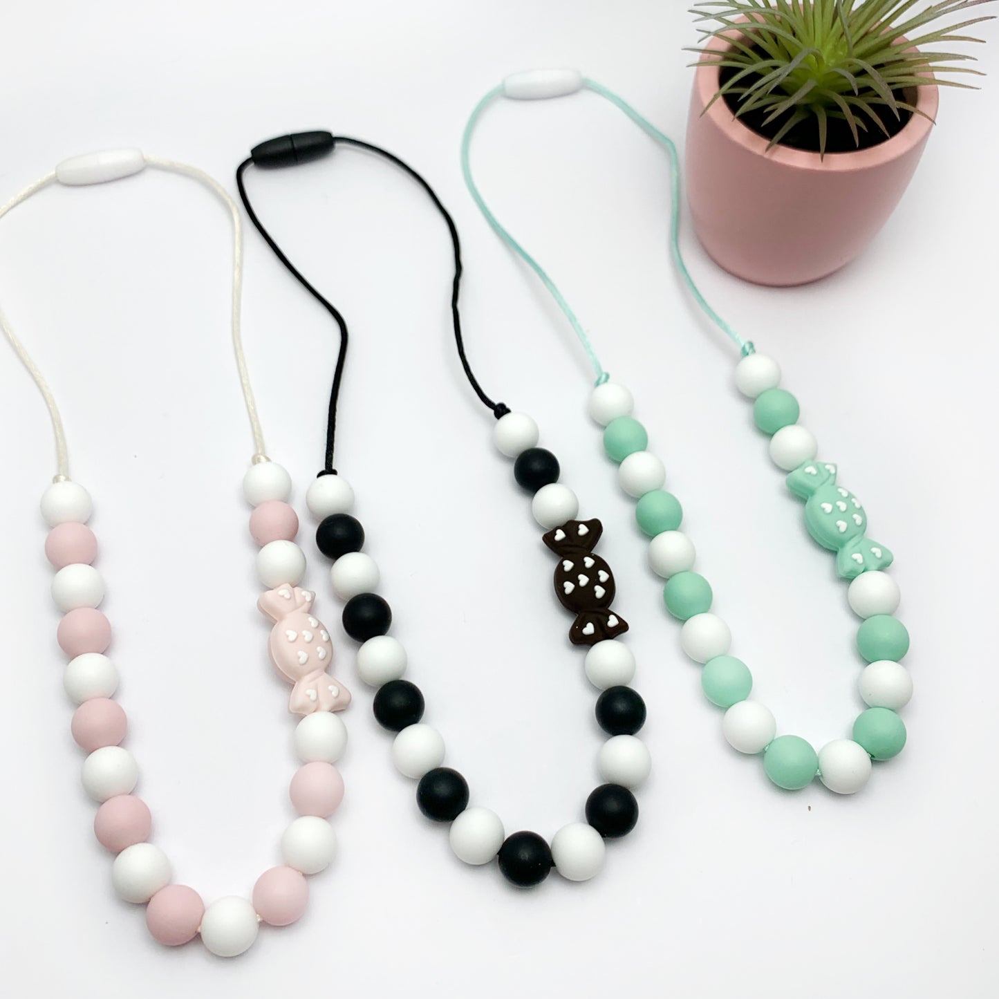 black and white sensory oral chew necklace