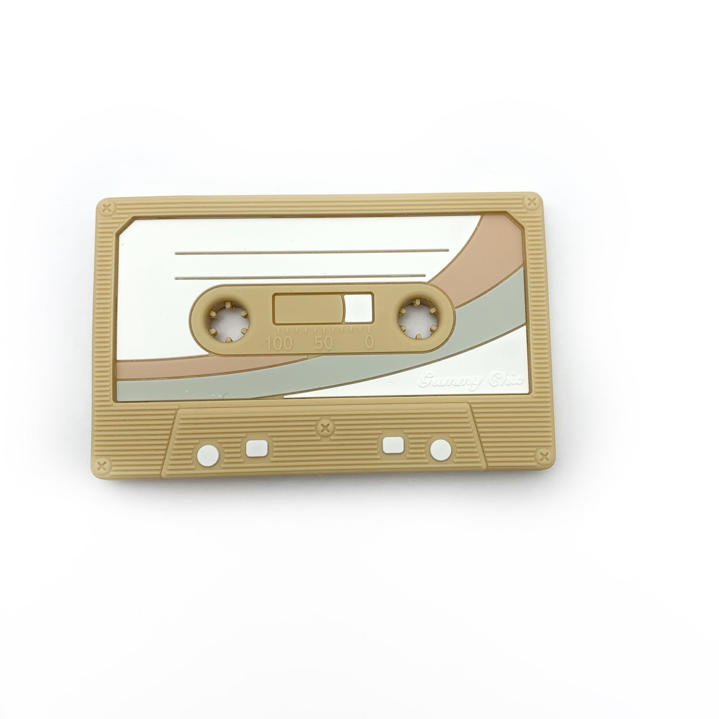 beige and grey mix tape teether showing the texture