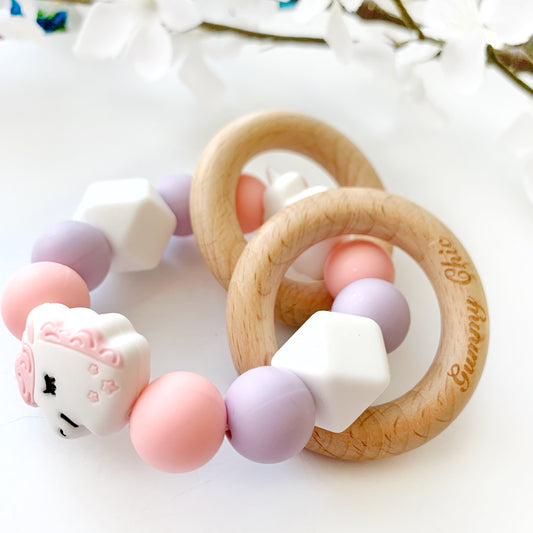 Unicorn Teether Rattle for Babies, Handheld Silicone & Wood Toy