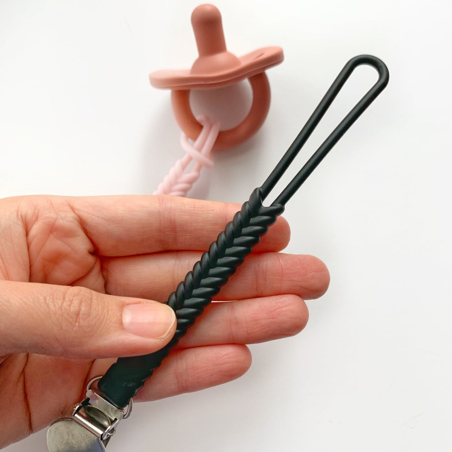 Safe Food Grade Silicone Pacifier Clip with Braided Design - BPA Free - Easy to Clean