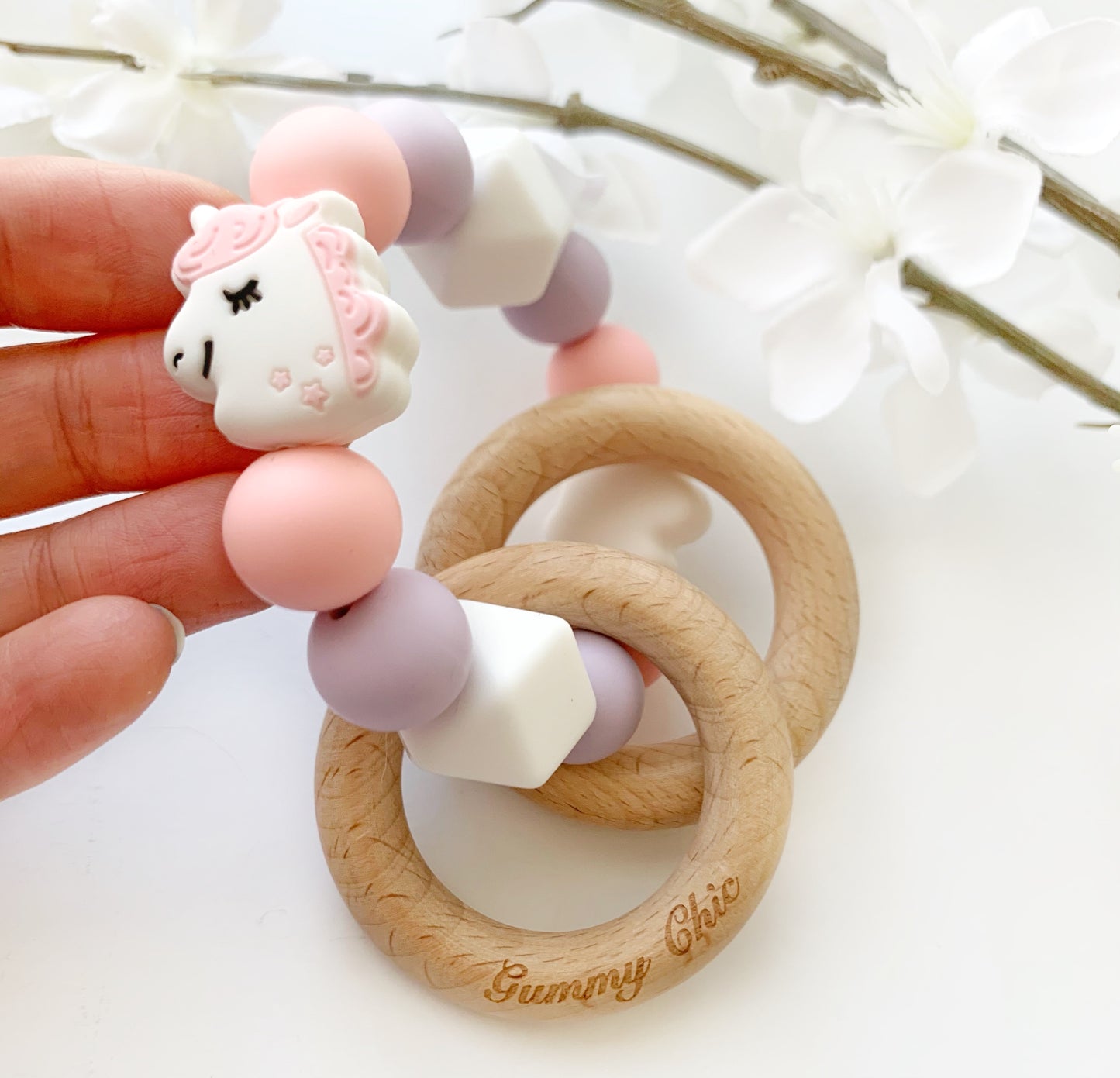 Unicorn Teether Rattle for Babies, Handheld Silicone & Wood Toy