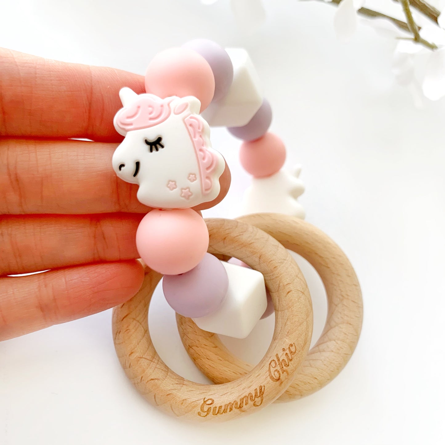 Unicorn Teether Rattle for Babies, Handheld Silicone & Wood Toy