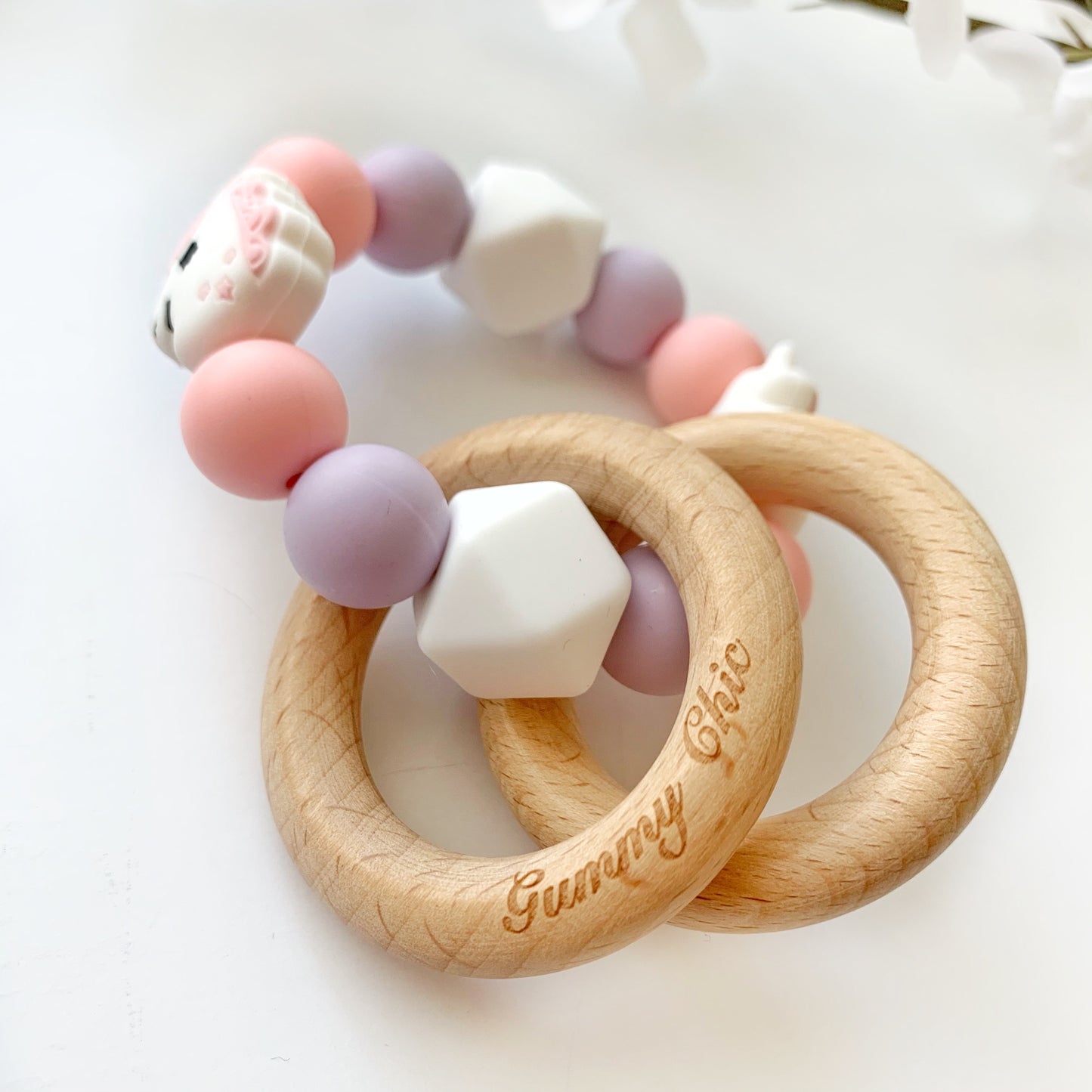 Unicorn Teether Rattle for Babies, Handheld Silicone & Wood Toy