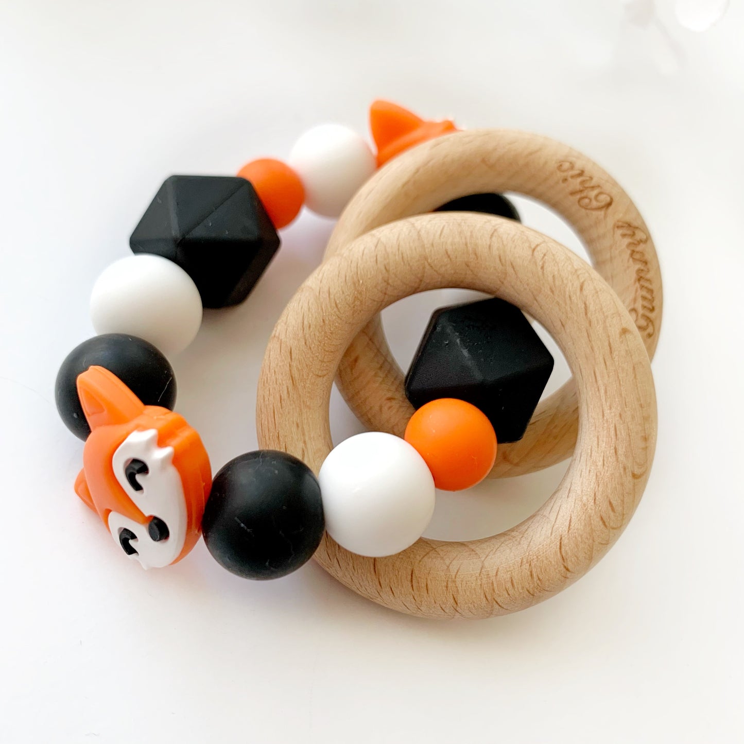 Fox bead with round colorful beads with wood rattle