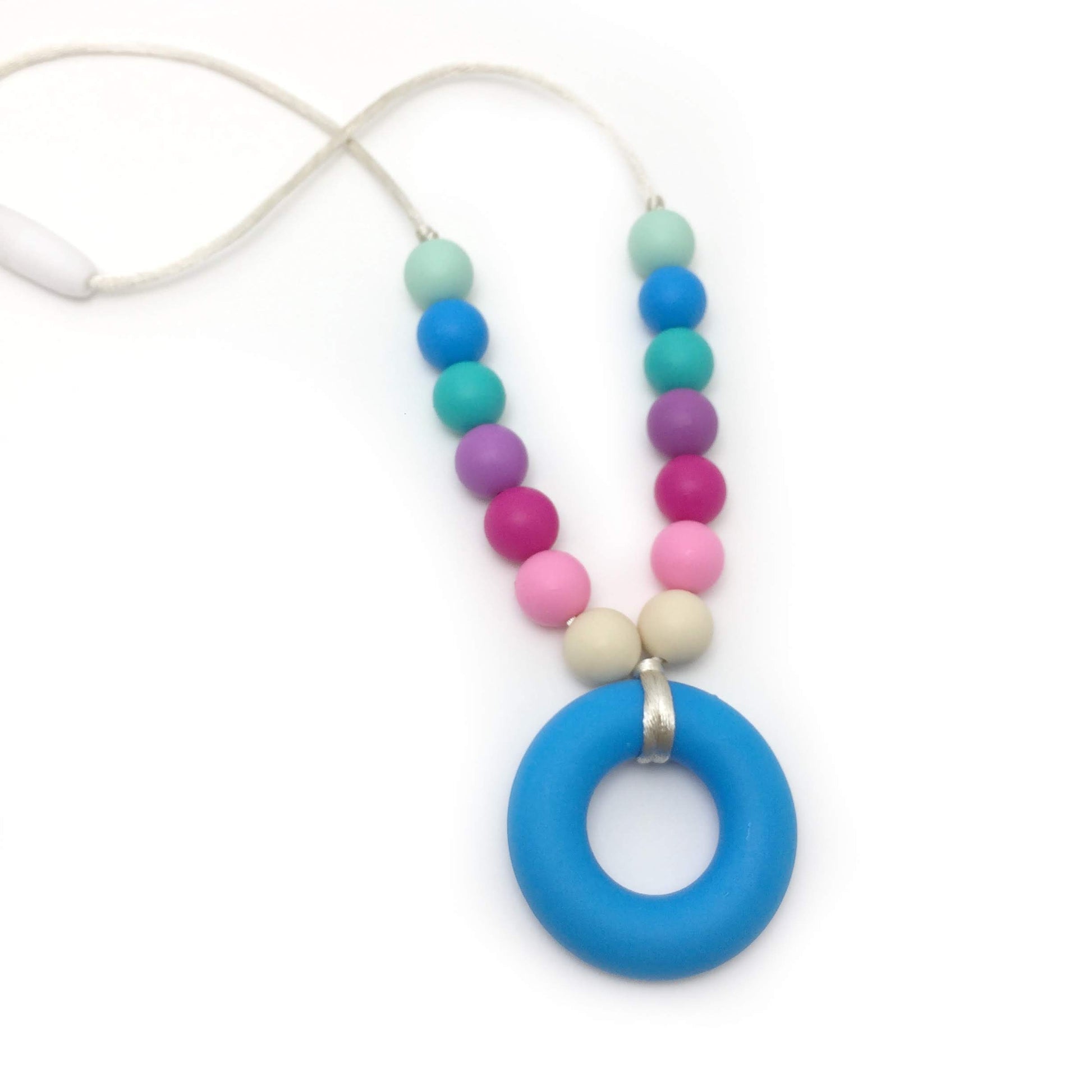 blue pendant necklace with colorful beads and a safety clasp