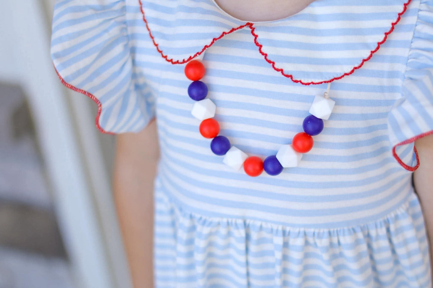 Americana Sensory Chew Necklace | Red Blue and White Beads