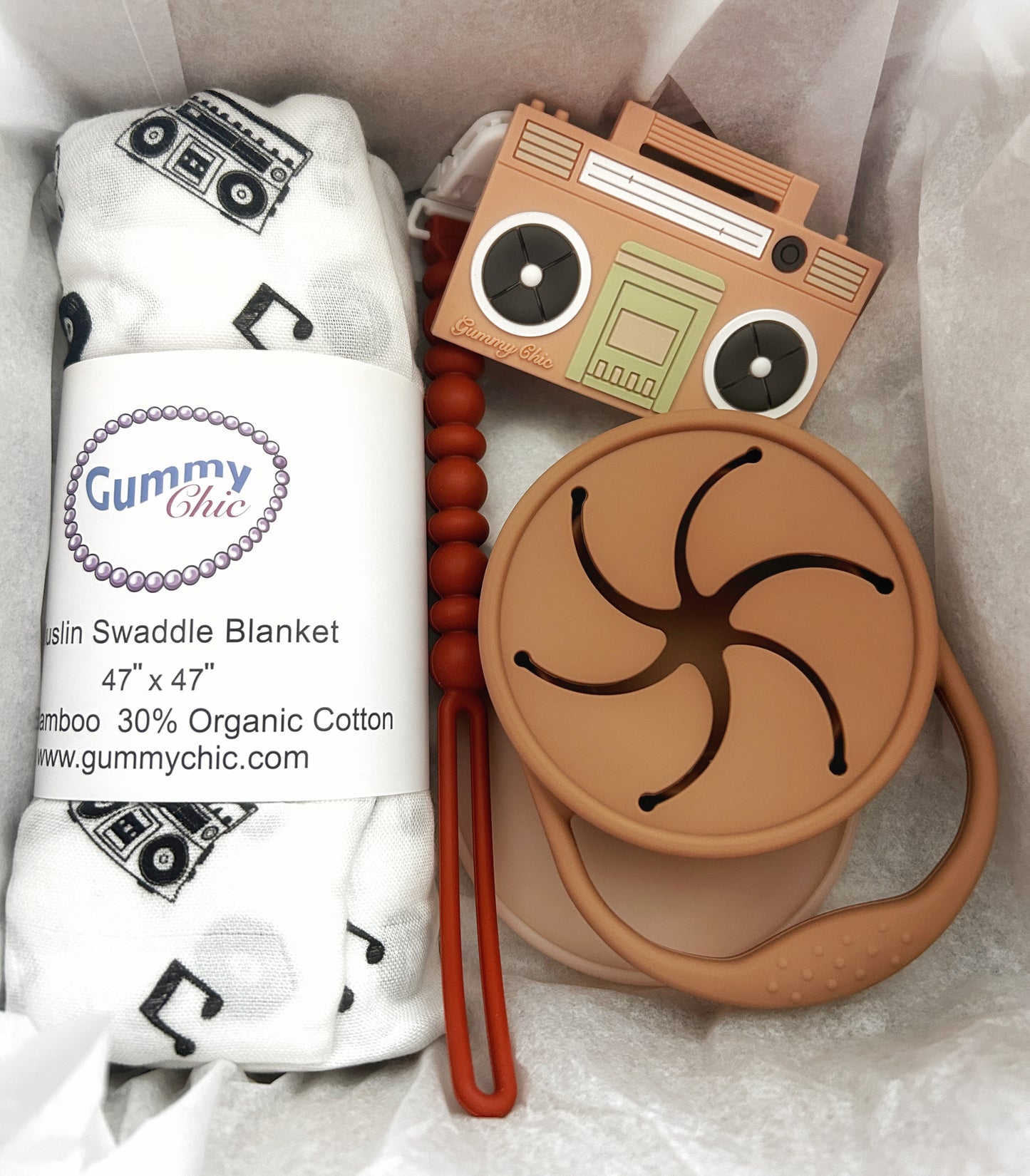 Retro New Born Baby Gift Box with Organic Blanket & Teether