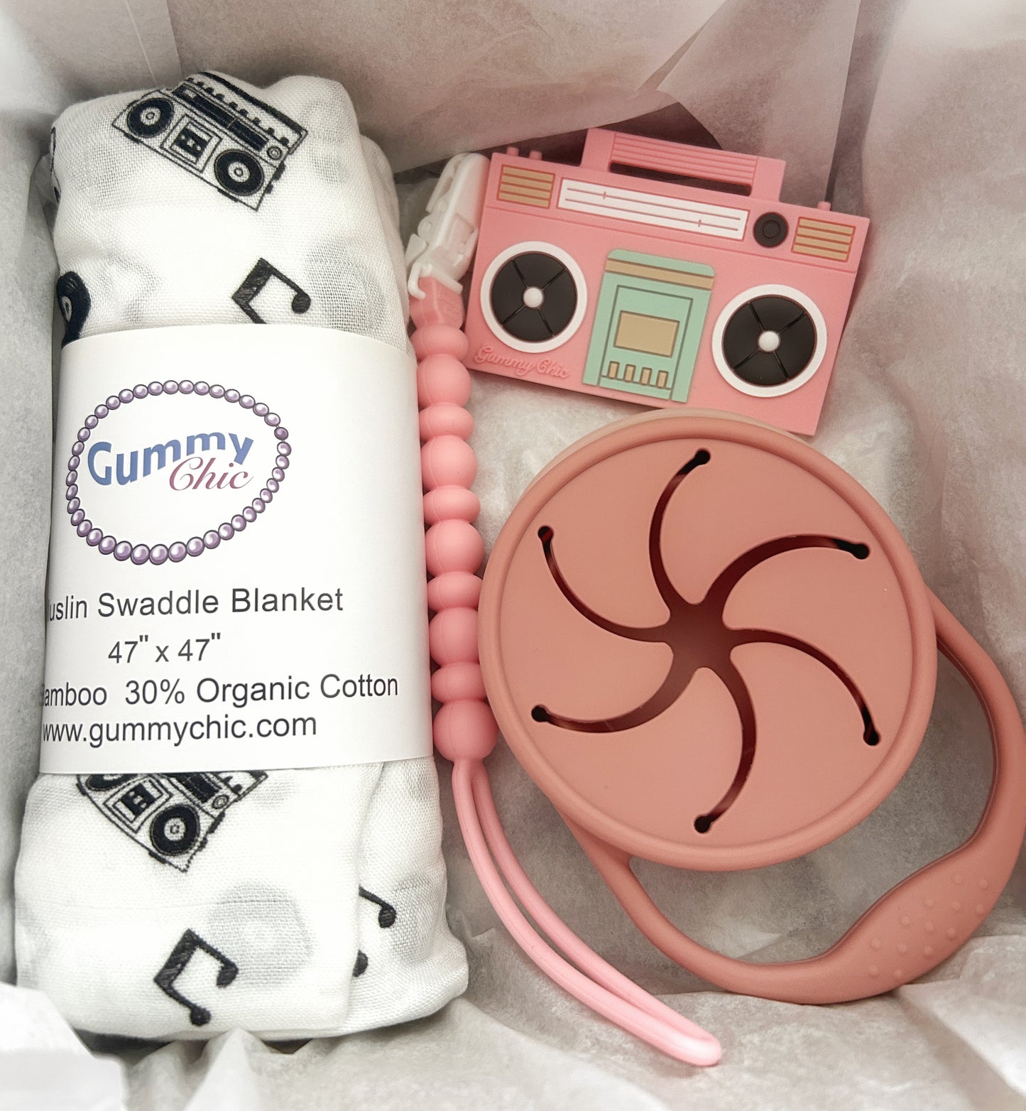 Retro New Born Baby Gift Box with Organic Blanket & Teether
