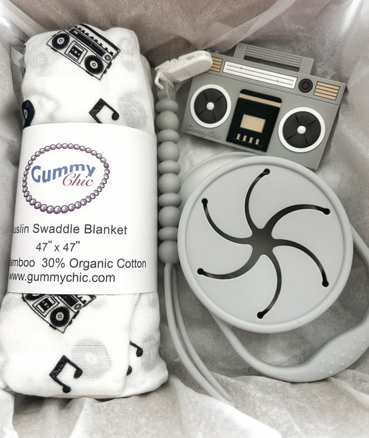 Retro New Born Baby Gift Box with Organic Blanket & Teether
