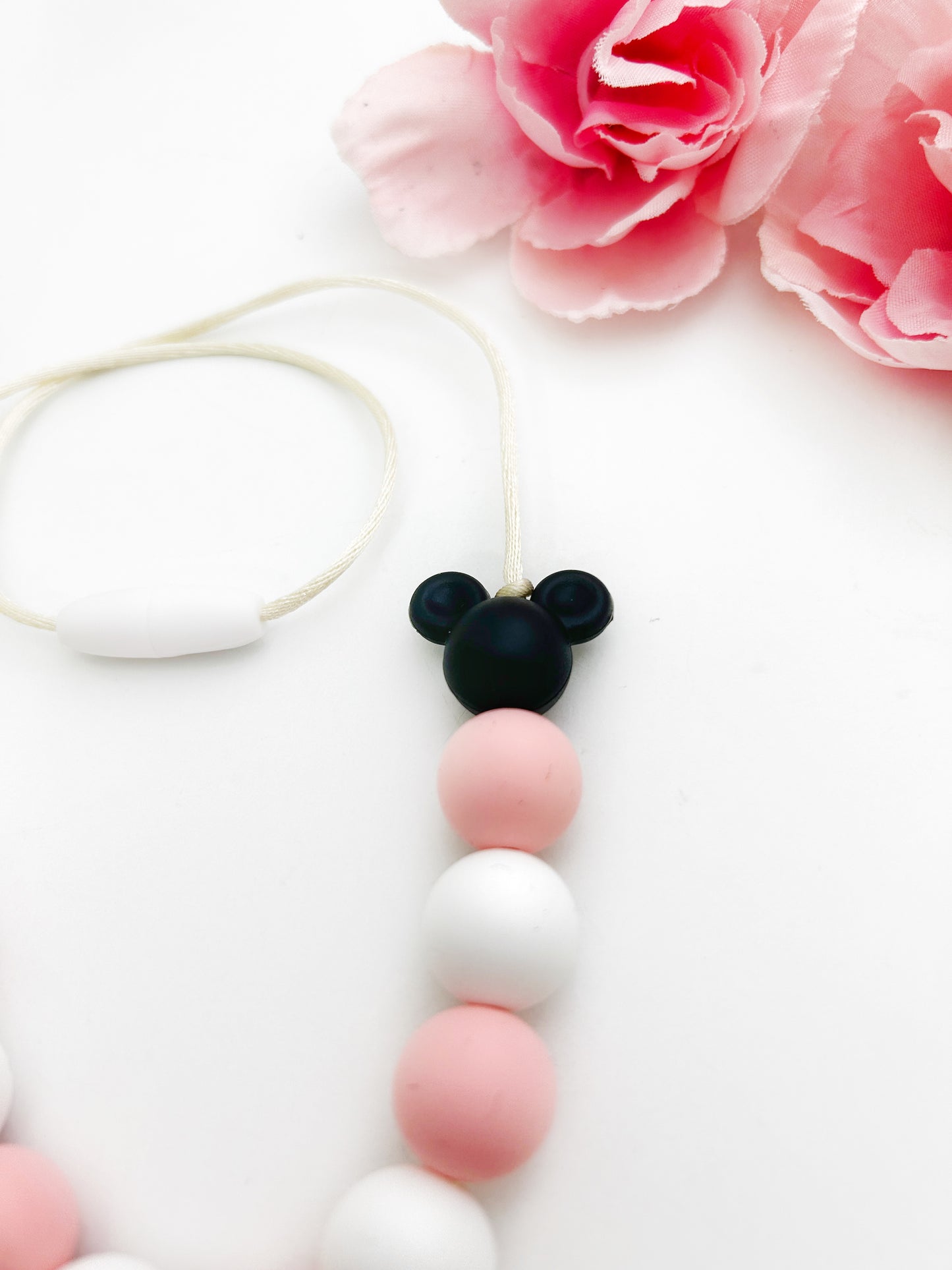 Pink & White Silicone Sensory Necklace for Kids | Mouse-Inspired Chew Necklace & Fidget Jewelry