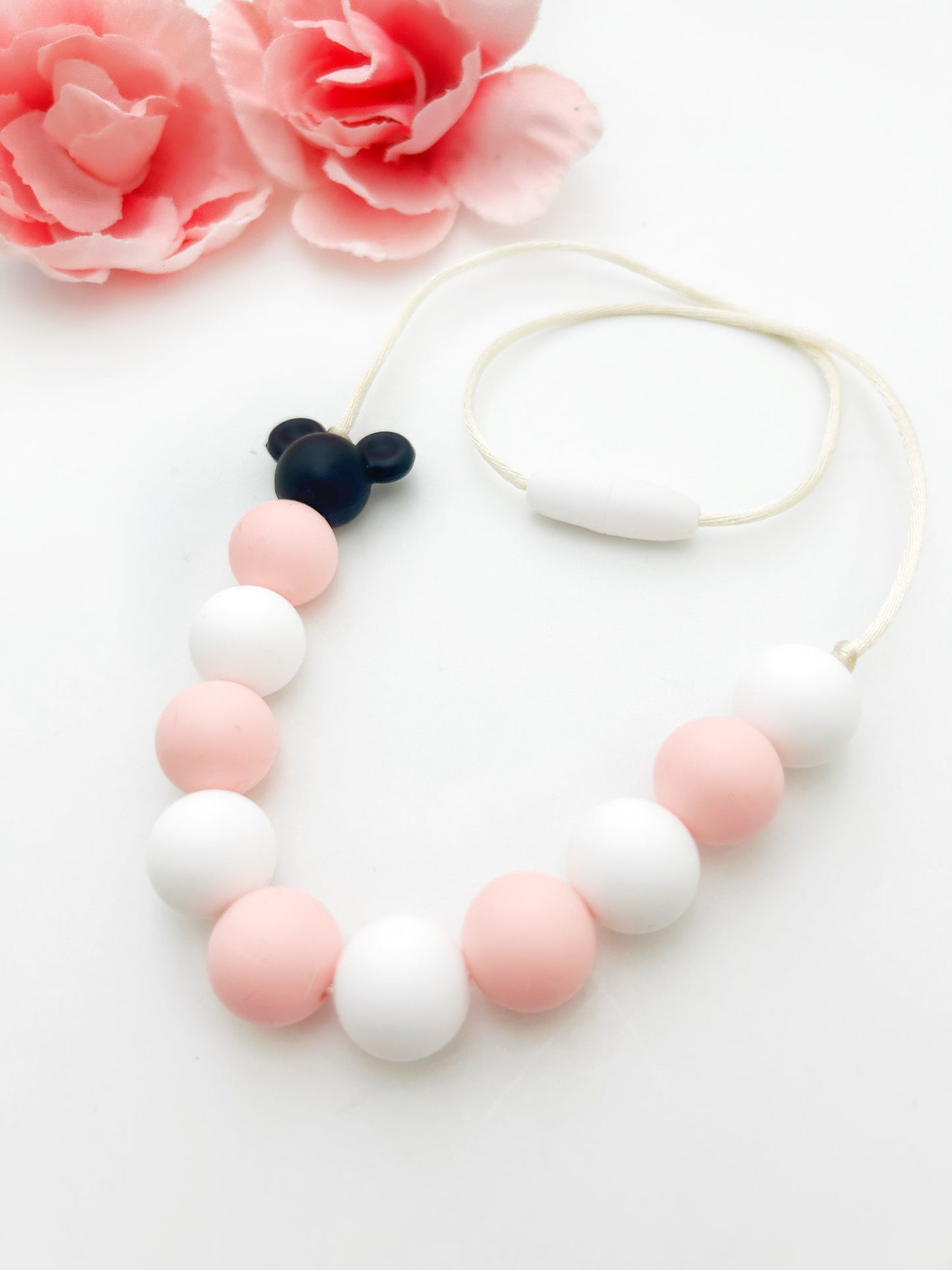 Pink & White Silicone Sensory Necklace for Kids | Mouse-Inspired Chew Necklace & Fidget Jewelry