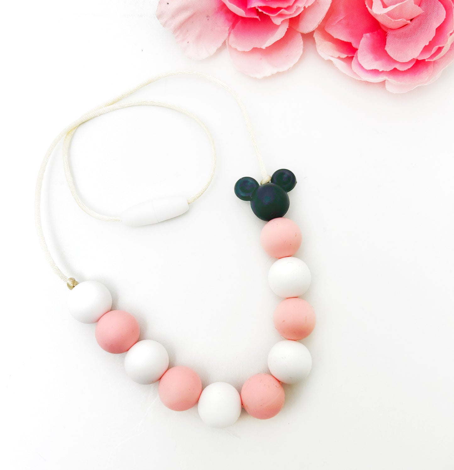 Pink & White Silicone Sensory Necklace for Kids | Mouse-Inspired Chew Necklace & Fidget Jewelry