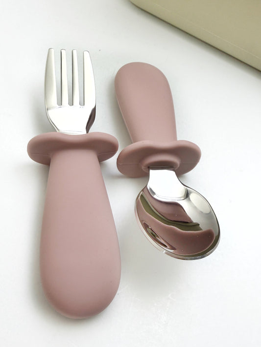Silicone Stainless Steel Baby Fork and Spoon Set | Self-Feeding Training Utensils