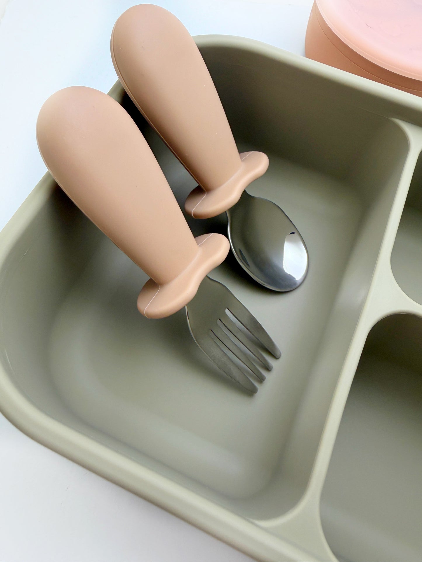 Silicone Stainless Steel Baby Fork and Spoon Set | Self-Feeding Training Utensils