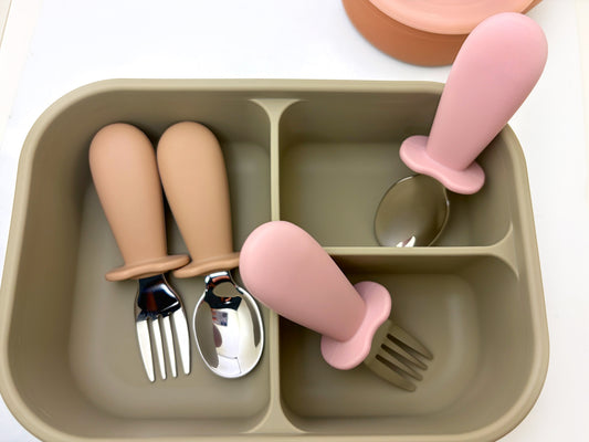 Silicone Stainless Steel Baby Fork and Spoon Set | Self-Feeding Training Utensils