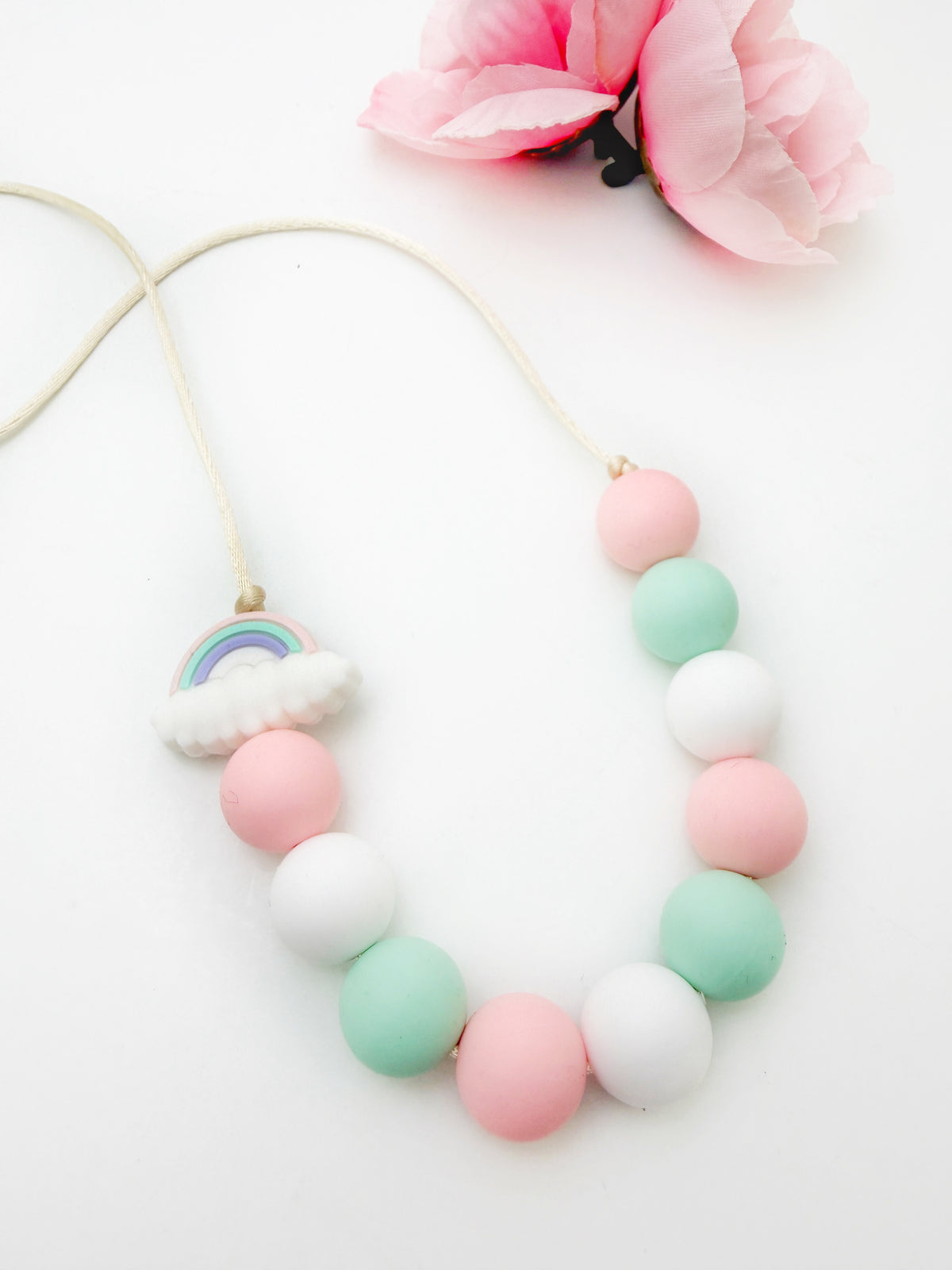 Mint & Pink Silicone Sensory Chew Necklace with Rainbow Bead