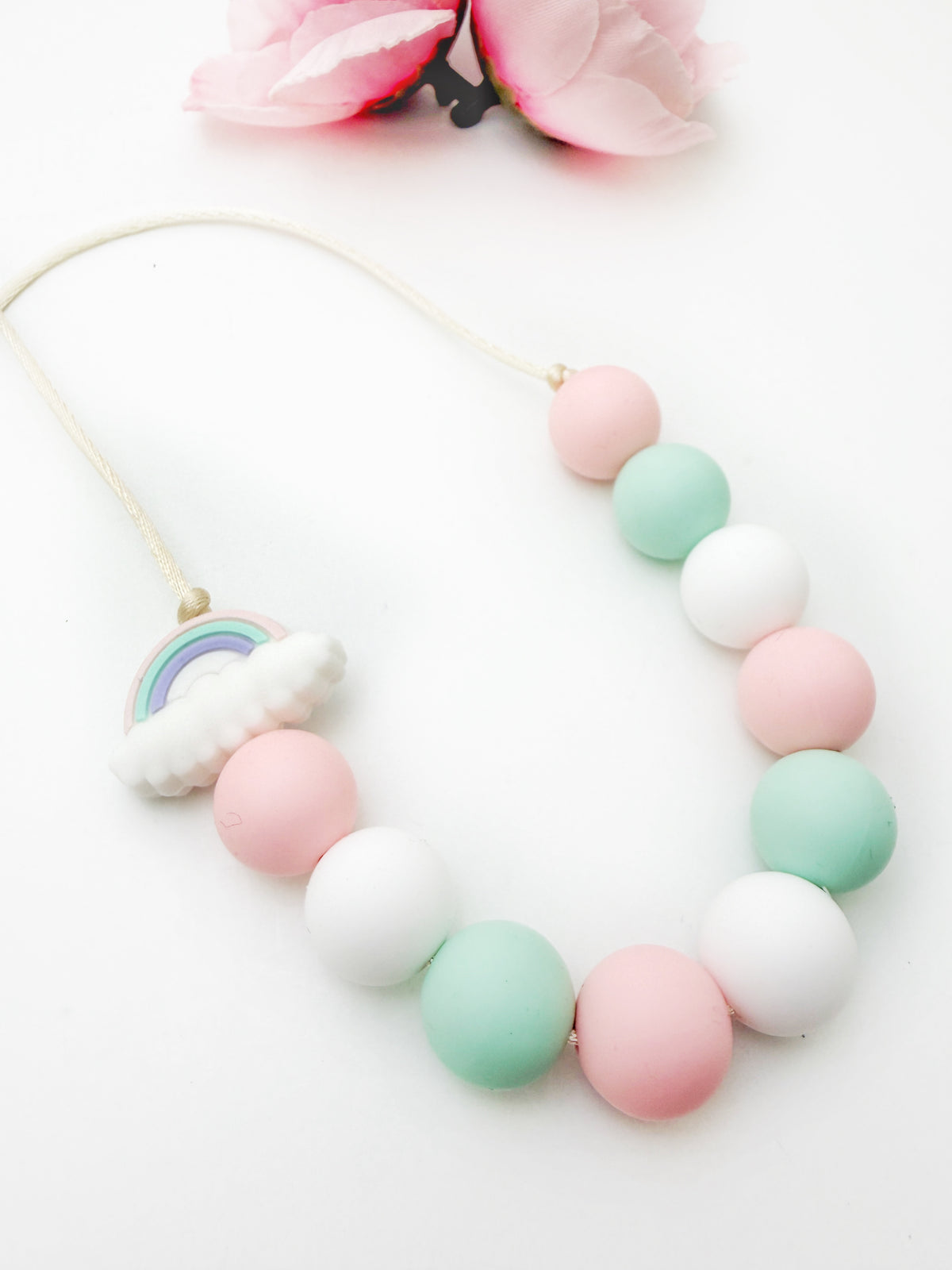 Mint & Pink Silicone Sensory Chew Necklace with Rainbow Bead