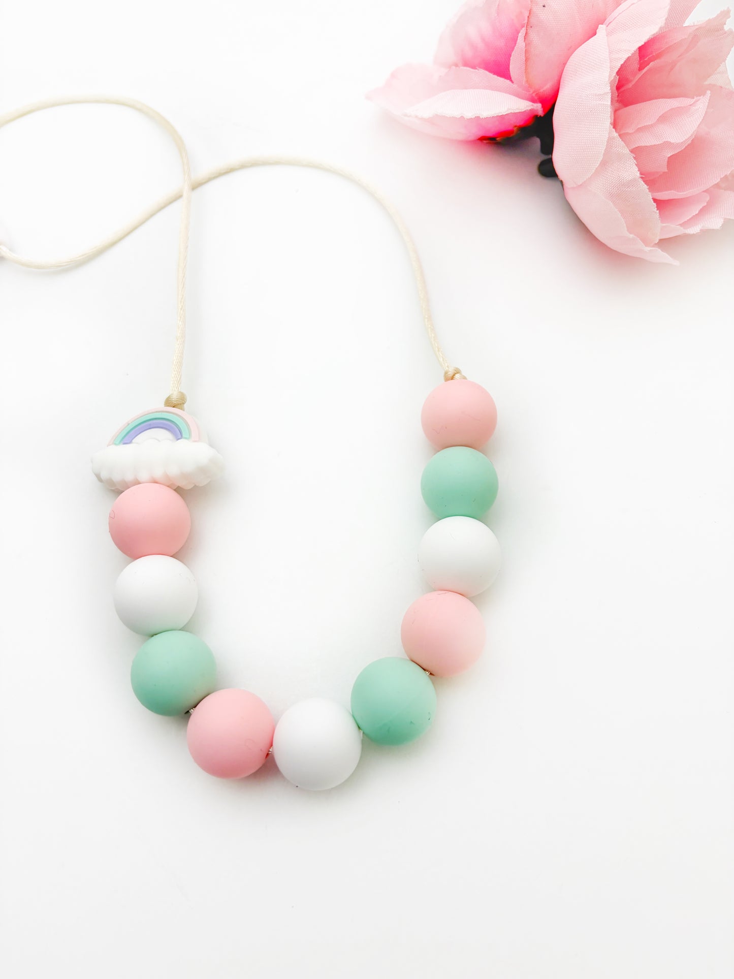 Mint & Pink Silicone Sensory Chew Necklace with Rainbow Bead