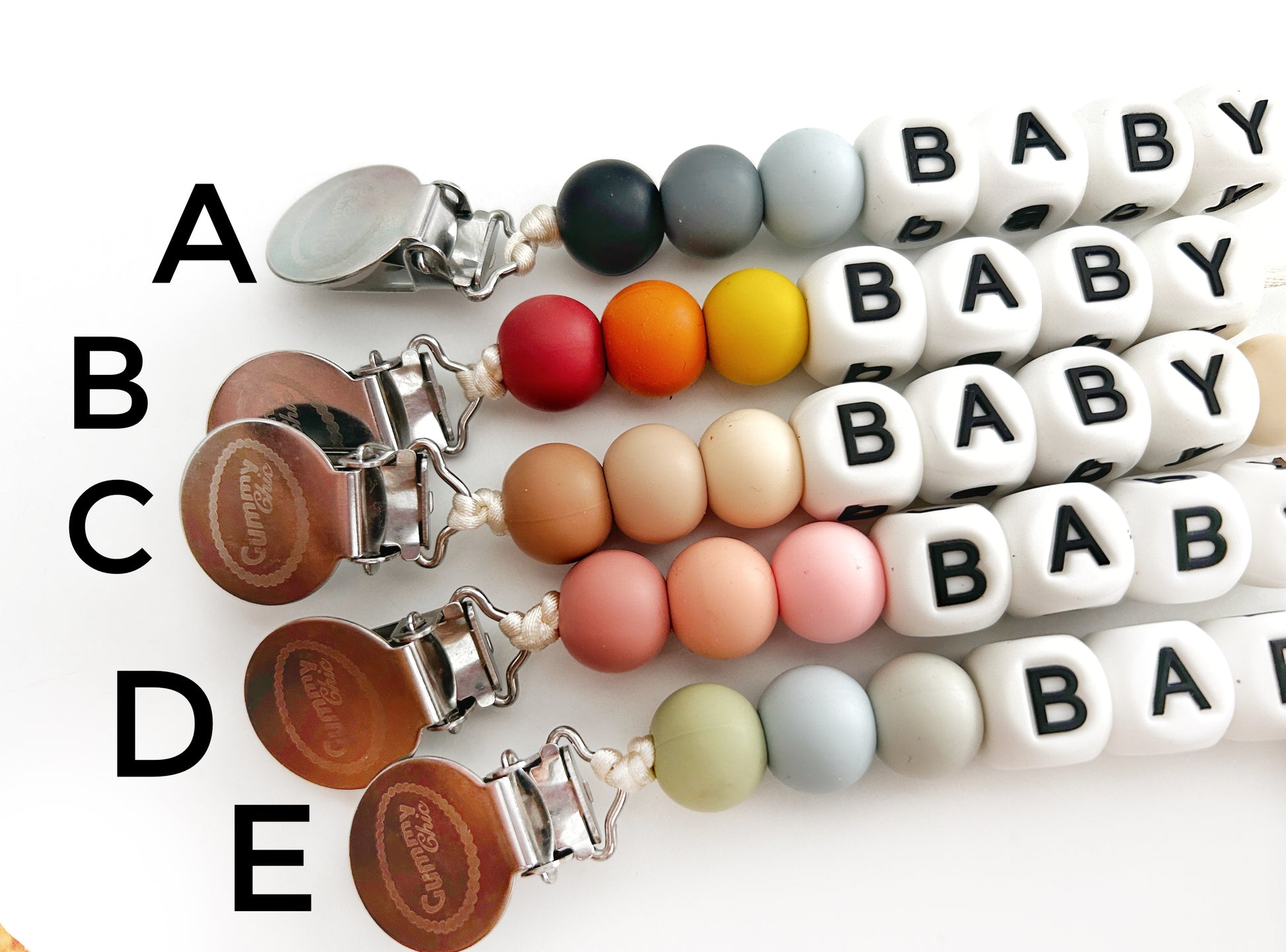 stainless steel clip with silicone beads in multicolor options with white and black silicone letter beads