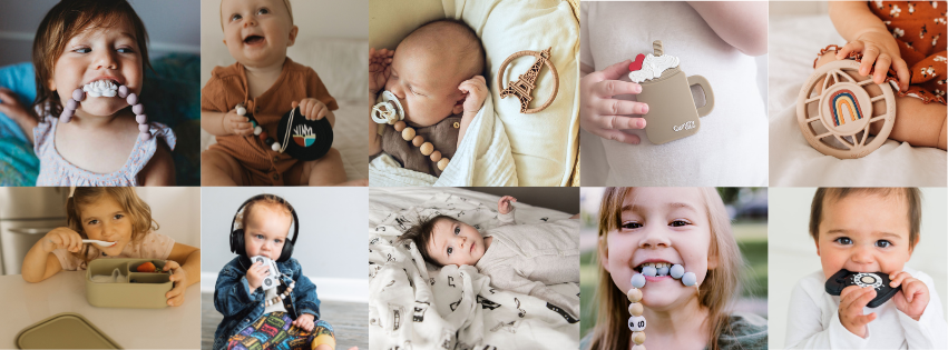 Collage of various baby products and activities from gummy chic teethers