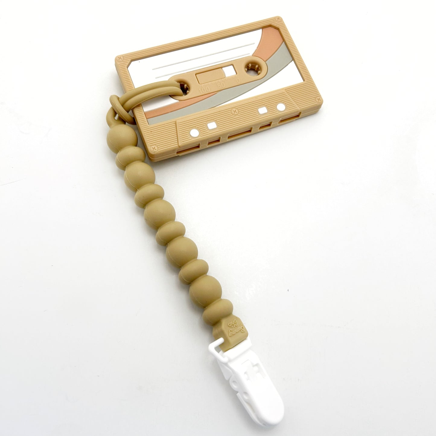 Beige teether mix tape with one piece silicone pacifier clip