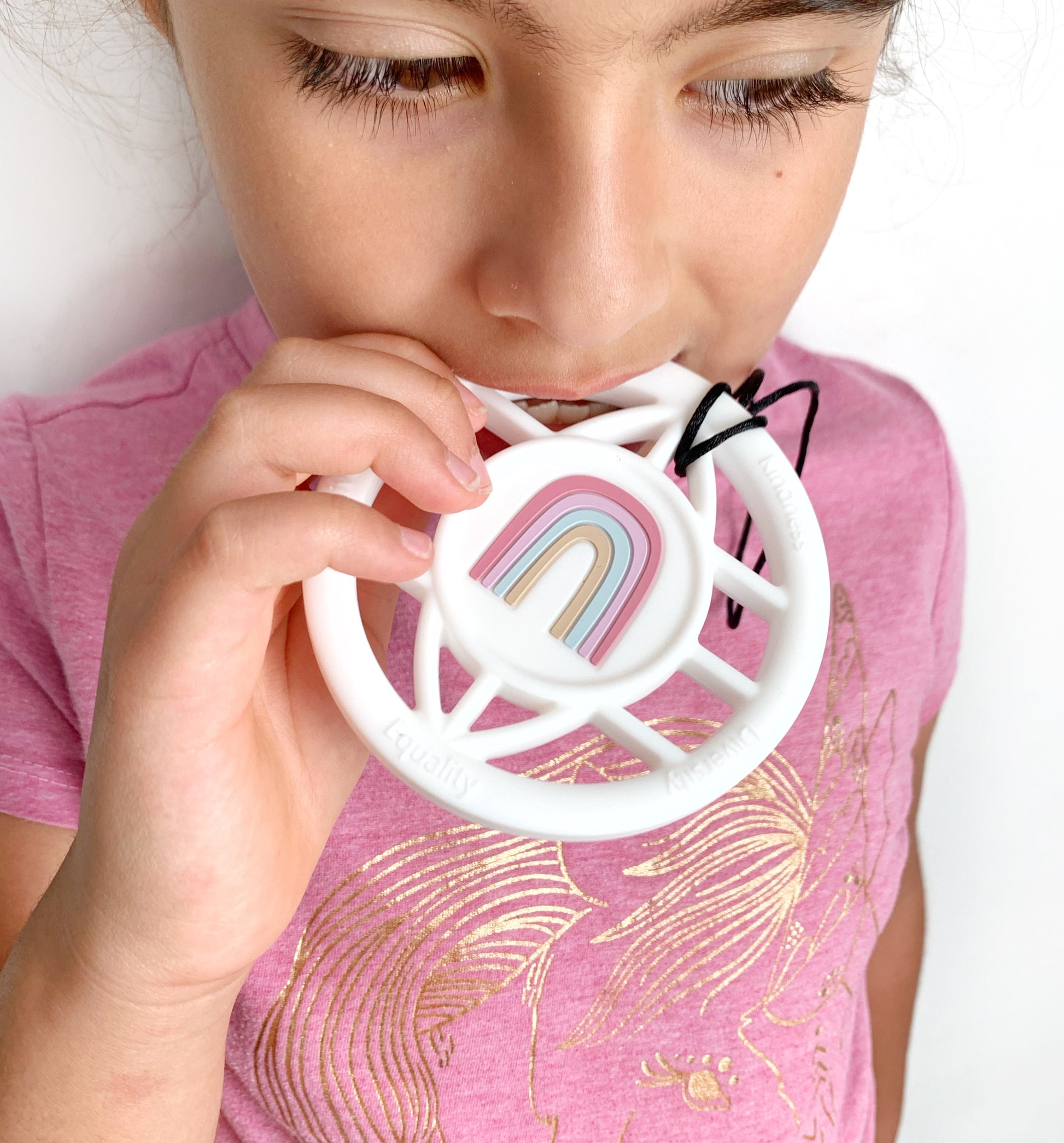 girl chew white rainbow necklace