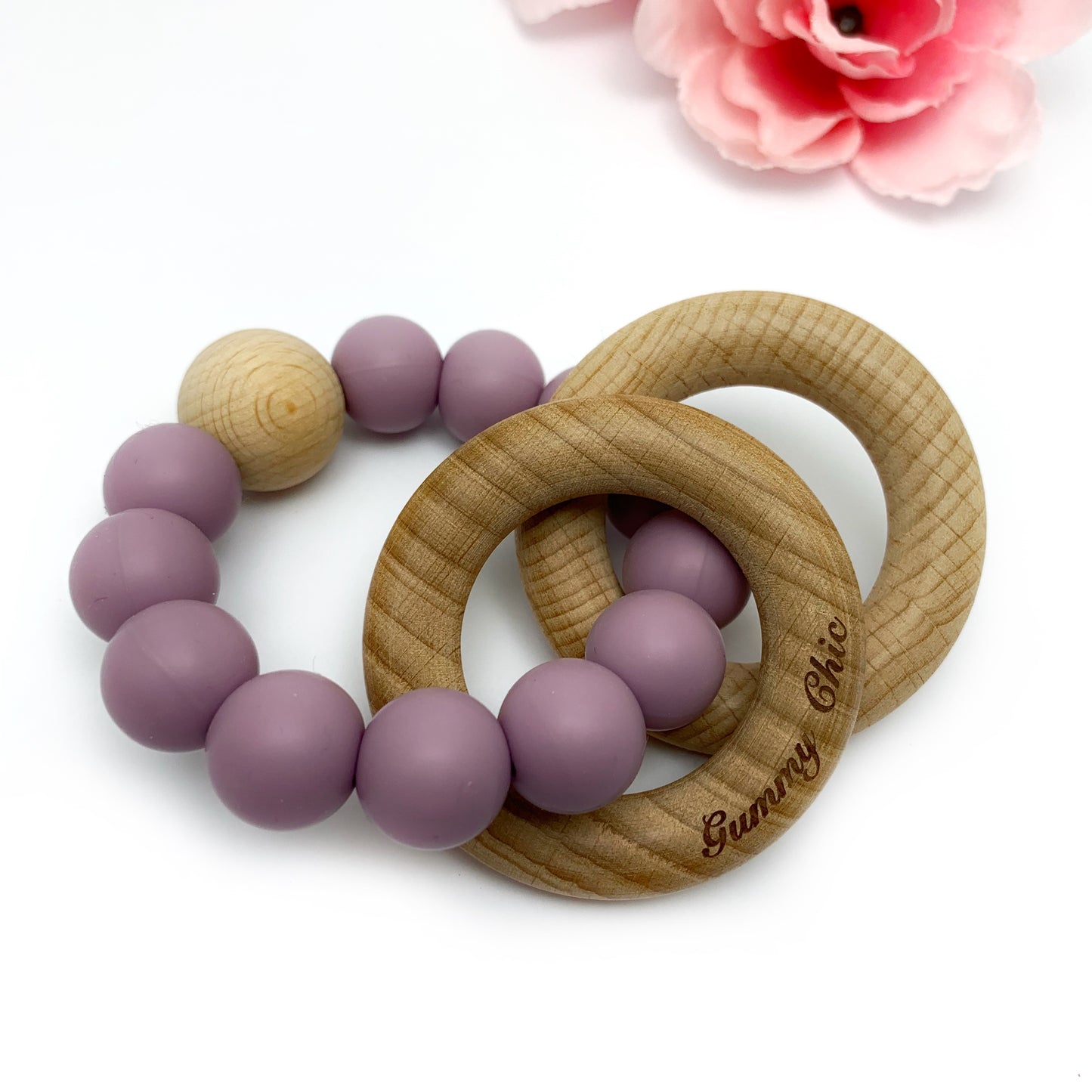 Minimalist Teether Rattle in Silicone and Wood for Babies - Handheld Teething Ring