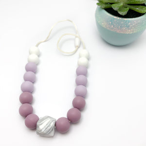 mauve silicone necklace, purple beads with marble hexagon