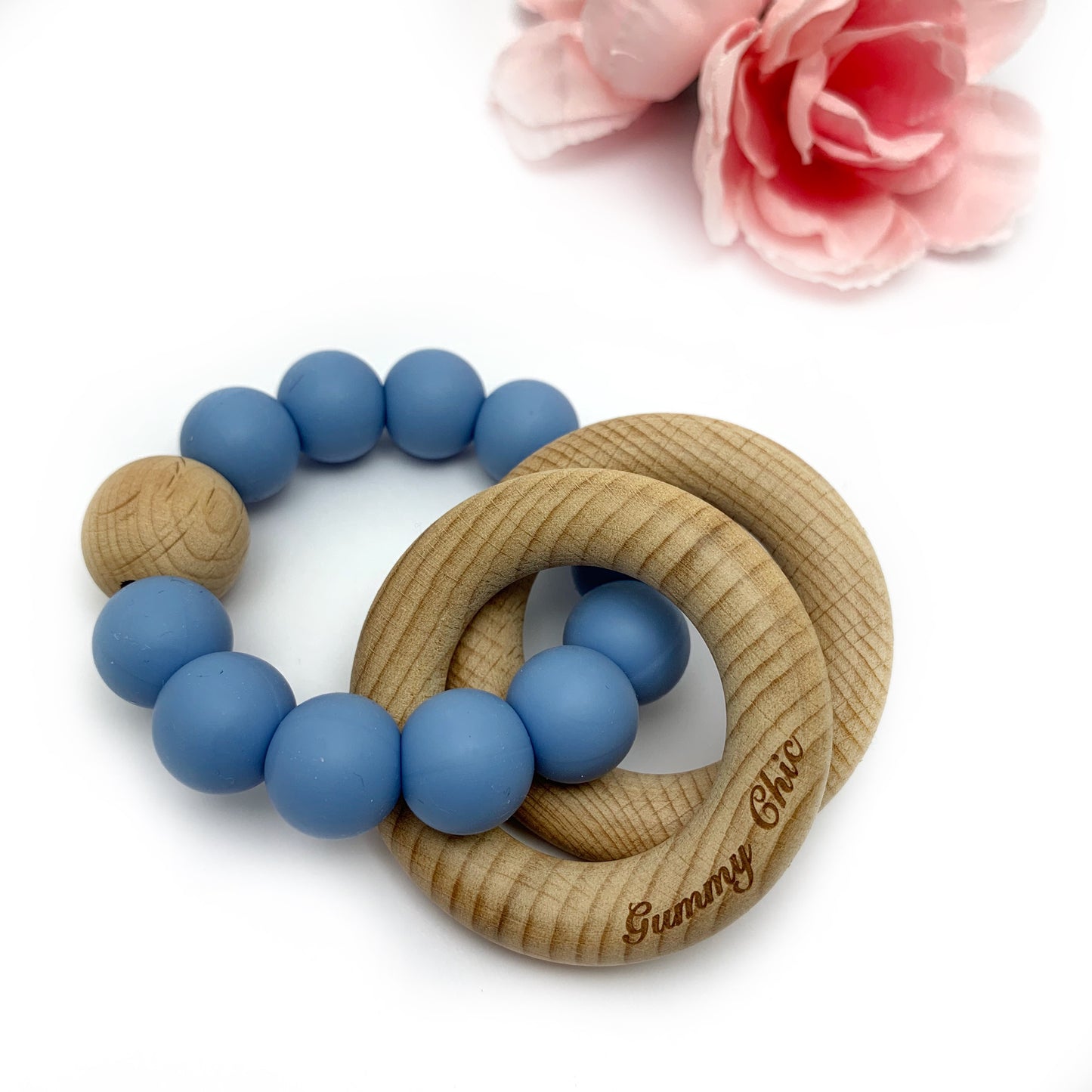 Minimalist Teether Rattle in Silicone and Wood for Babies - Handheld Teething Ring