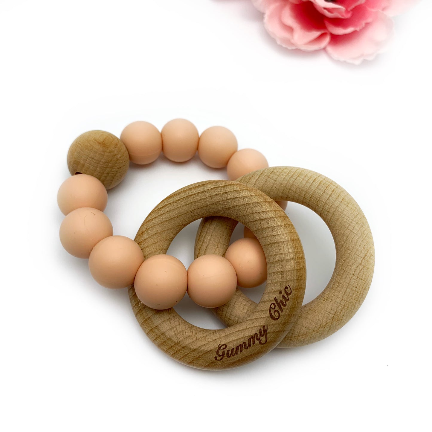 Minimalist Teether Rattle in Silicone and Wood for Babies - Handheld Teething Ring