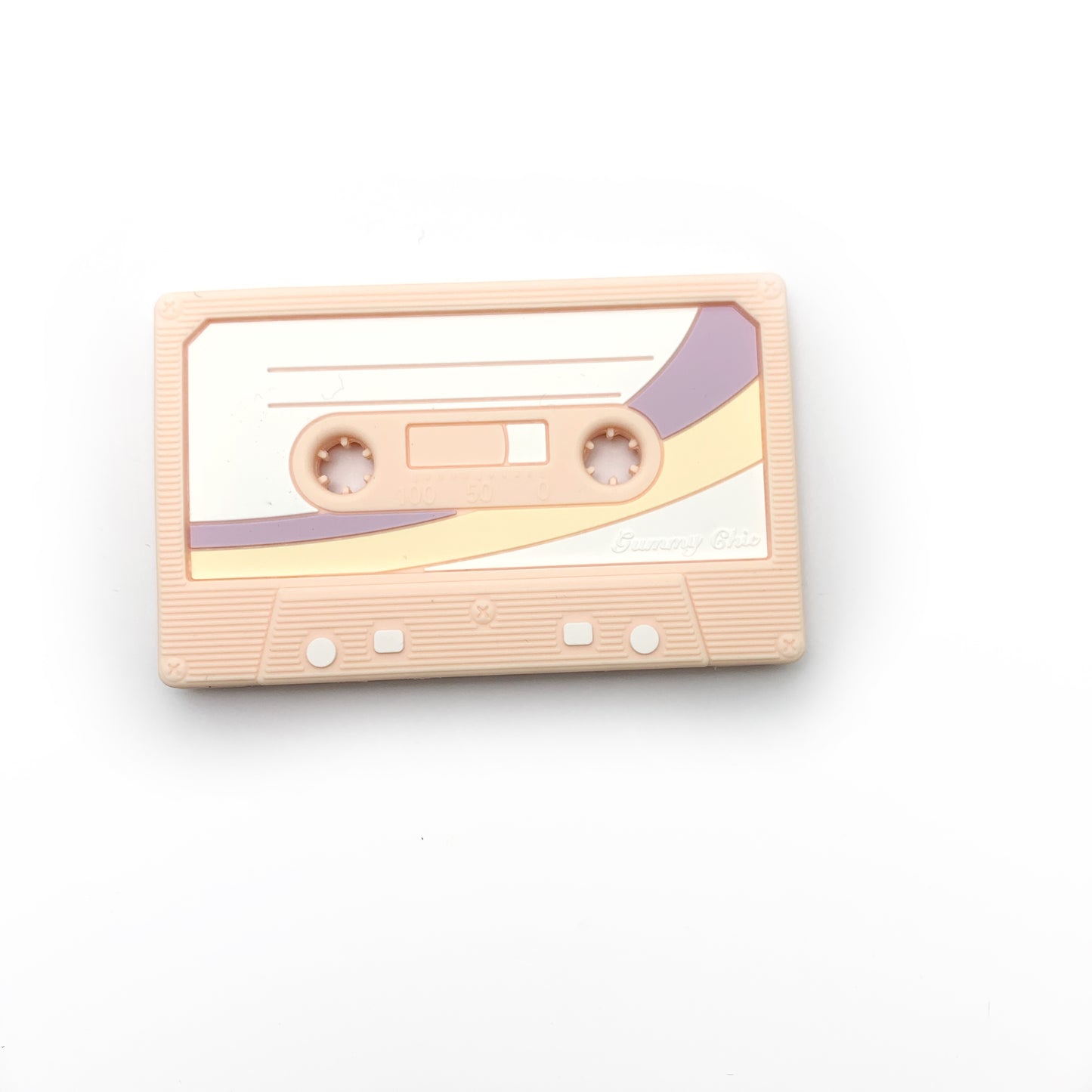 pink and purple teether toy in shape of a cassette tape